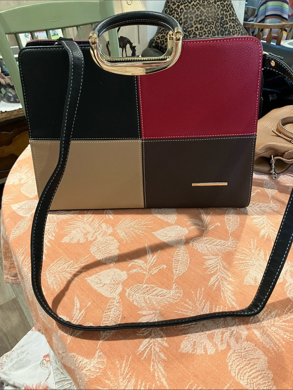 Colorblock Satchel with Top Handle and Detachable Strap - Black, Red, Tan, Brown